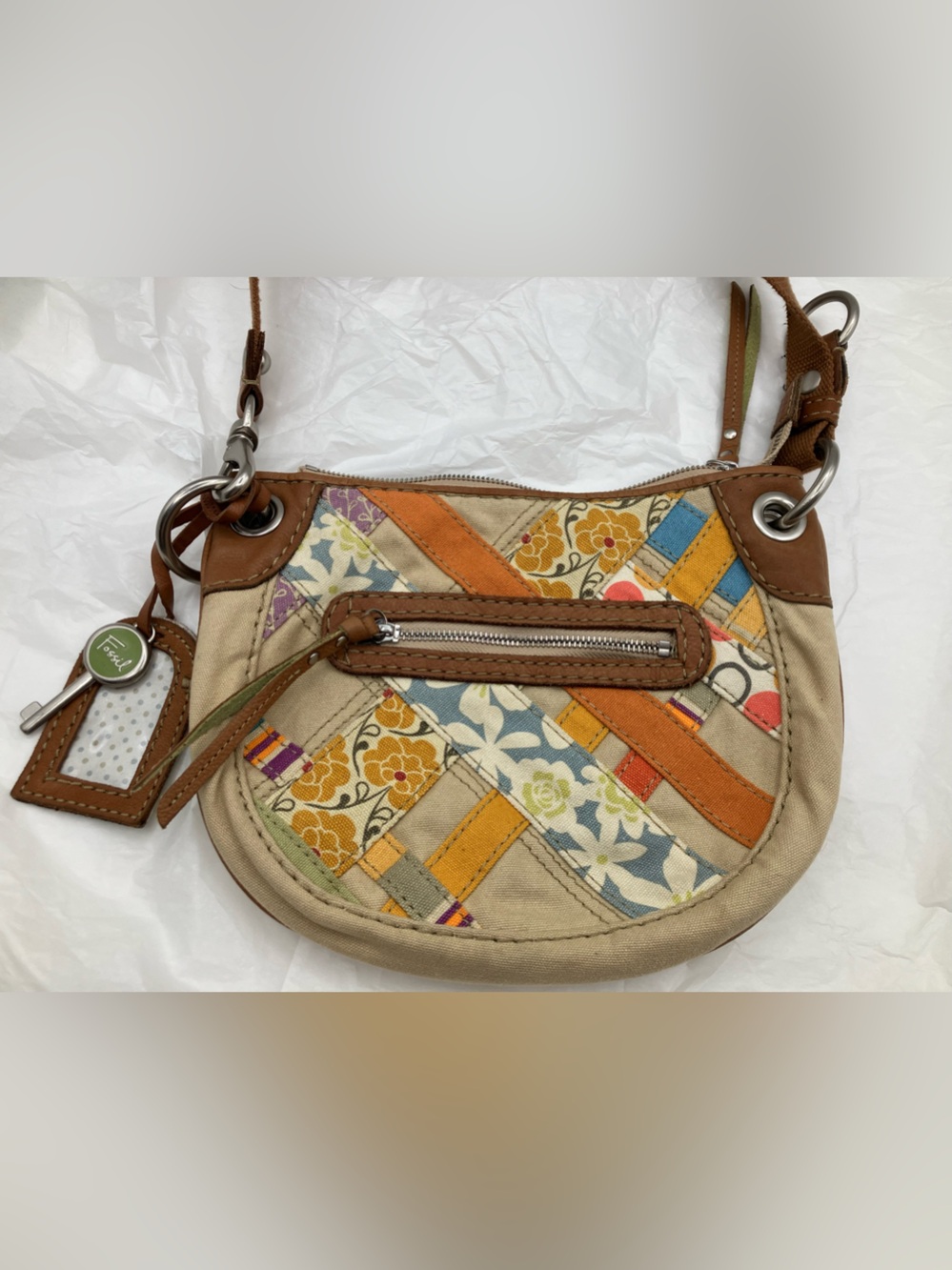 FOSSIL Y2k Patchwork Canvas Crossbody Bag with Brown Leather Trim